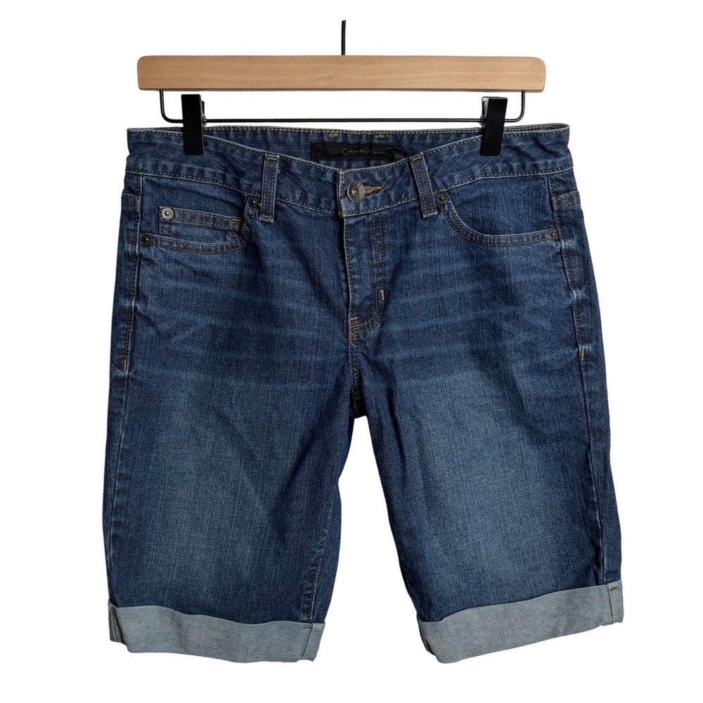 Calvin Klein Womens Cuffed Denim Shorts 10‎ Bermuda Stretch Jean 90s Y2K Retro